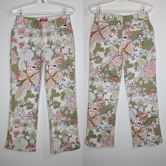 Esprit Pants - Esprit Floral Print Green and Pink Wide-Leg Pants
